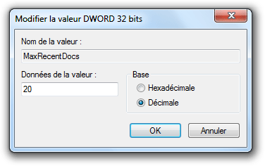 Modification de la valeur MaxRecentDocs