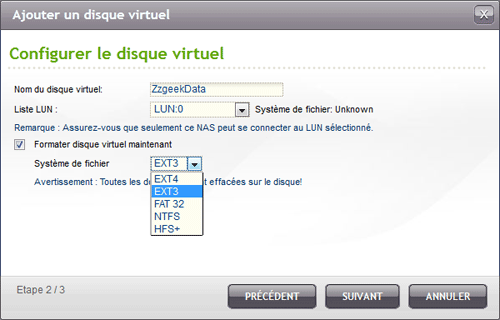 Configuration du disque virtuel