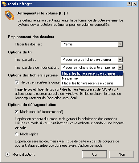 Options de défragmentation