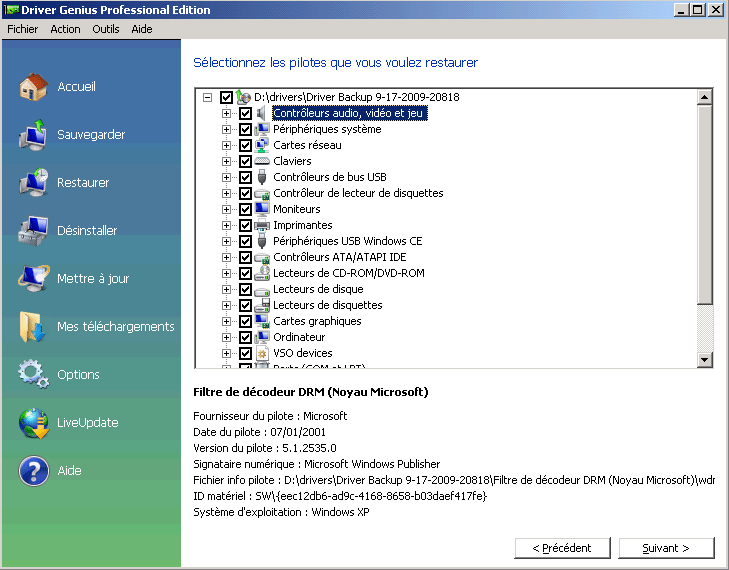 Sélection des drivers à restaurer