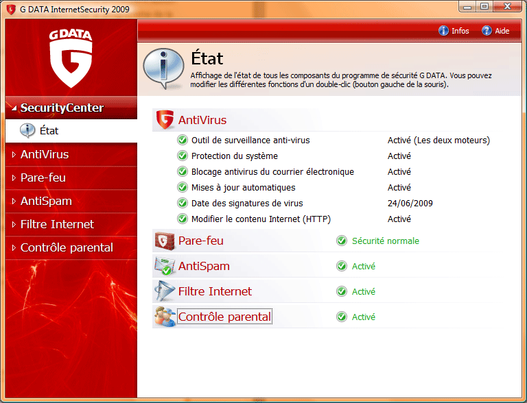 Ecran principal de G DATA InternetSecurity 2009