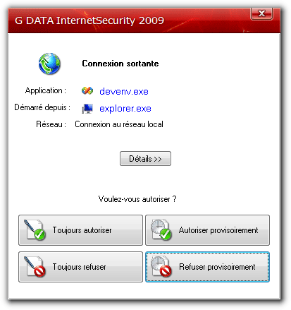 Le pare-feu sollicite l'utilisateur