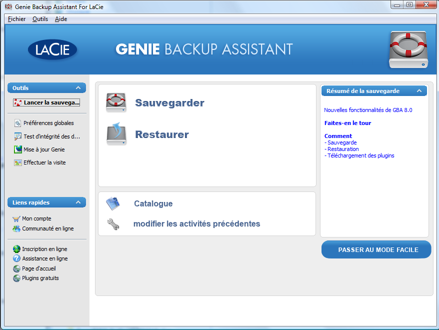 écran principal de Genie Backup Assistant