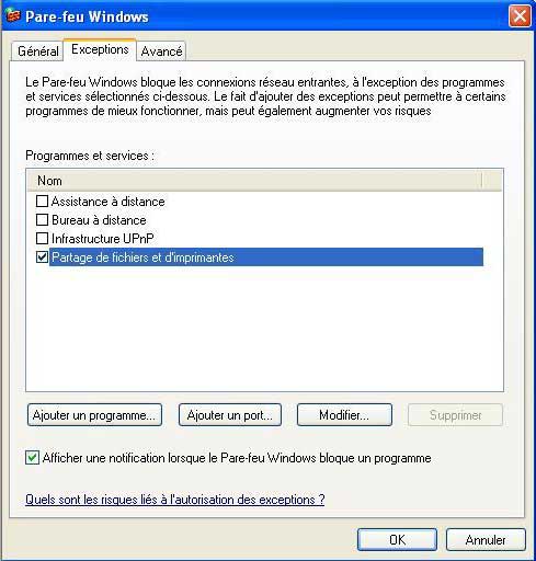 Exceptions du pare-feu de XP