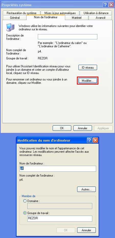 Choix du nom et du groupe de travail de l'ordinateur 