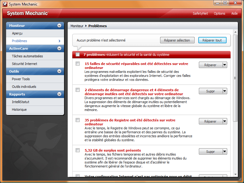Liste des problèmes détectés par System Mechanic