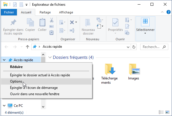 Options de l'accès rapide