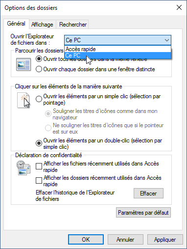 Supprimer l'accès rapide de Windows 10