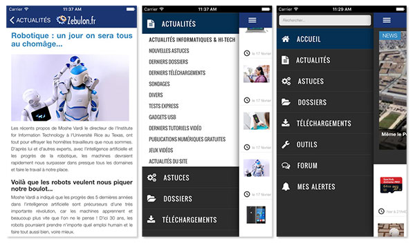Ecrans application Zebulon iOS