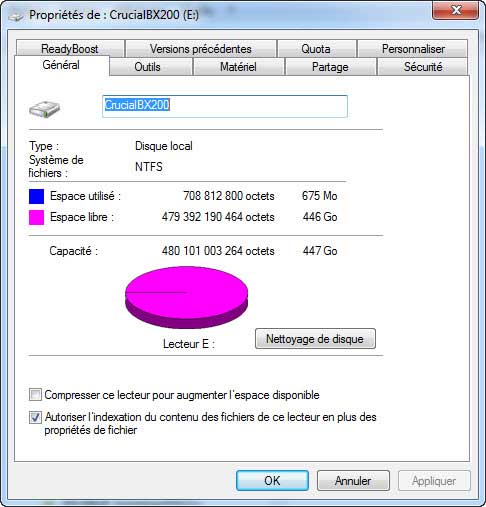 Espace disque BX200 sous Windows