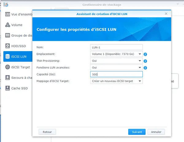 Configurer propriétés iSCSI LUN