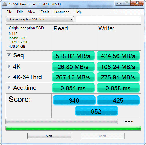 Performances du Origin Storage Inception MLC800 SSD 512Go  avec AS SSD 1.6