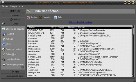 Liste des tâches de Spybot-Search & Destroy