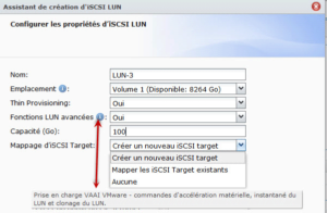 Options disponibles pour la création iSCSI