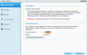 Vue de l'identifiant et des paramètres disponibles sur le NAS