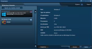 Écran d'information pour se connecter sur une des machines virtuelles