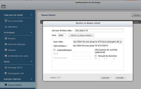IP cible iSCSI Client