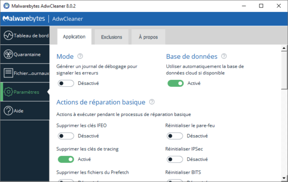 Paramètres Malwarebytes AdwCleaner