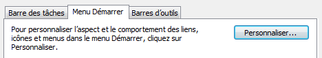 Bouton personnaliser onglet Menu Démarrer