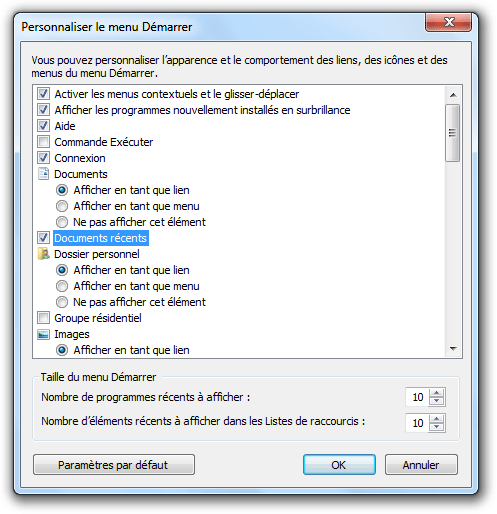 Documents récents dans Personnaliser le menu Démarrer