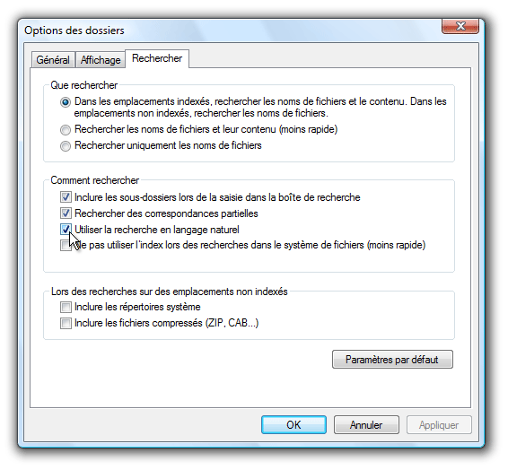 Onglet Rechercher dans Options et dossiers