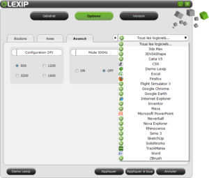 Liste des logiciels pré-configurés pour la souris 3DM Lexip