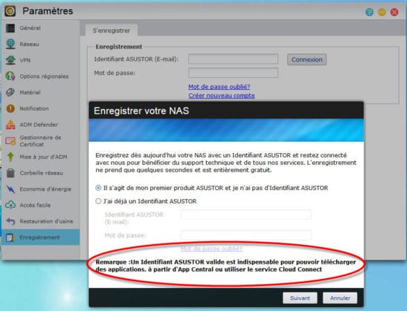 Enregistrement ASUSTOR obligatoire
