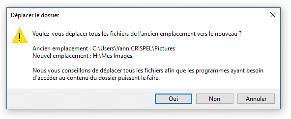 Confirmation du déplacement du répertoire images
