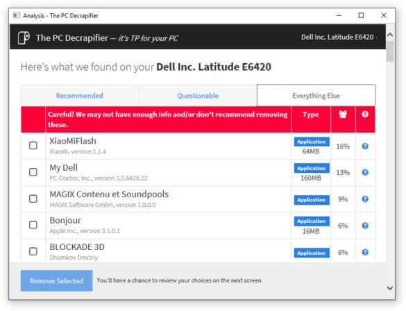 Liste des programmes à désinstaller avec PC Decrapifier