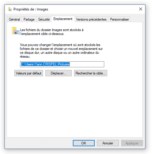 Emplacement dans les propriétés du dossier Images