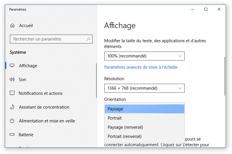 Orientation écran Windows 10