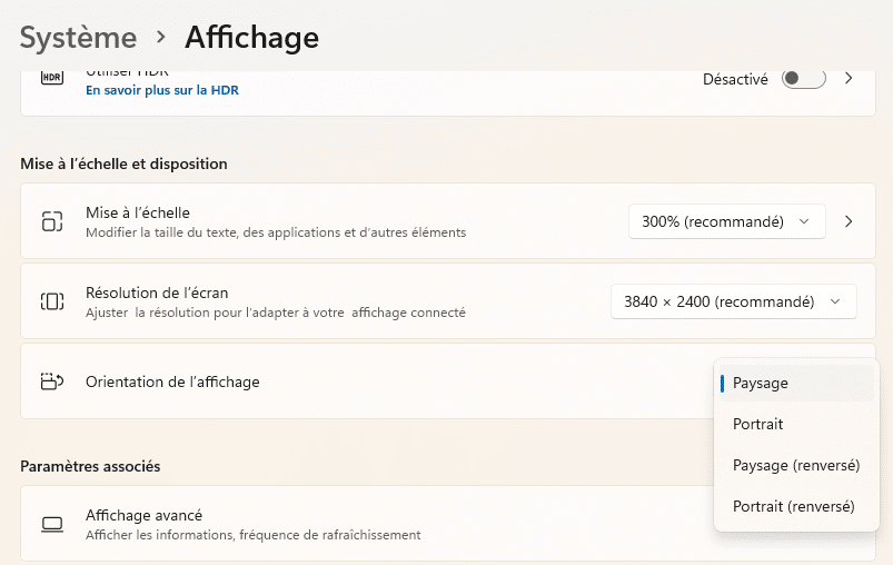 remettre à l'endroit écran