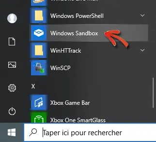 Windows Sandbox dans menu Démarrer