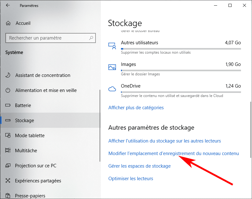 Modifier l'emplacement de stockage