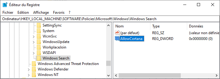 Valeur AllowCortana