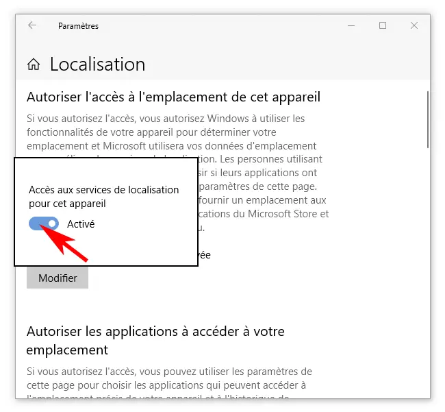 Activer la localisation Windows 10