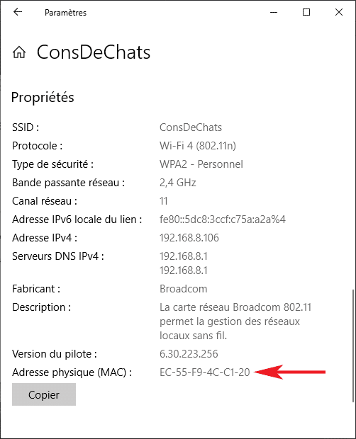 Adresse physique (MAC) sous Windows 10