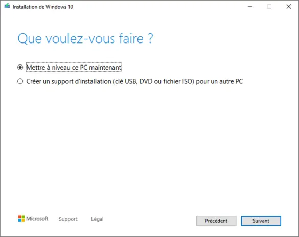 Mise à niveau Windows 10