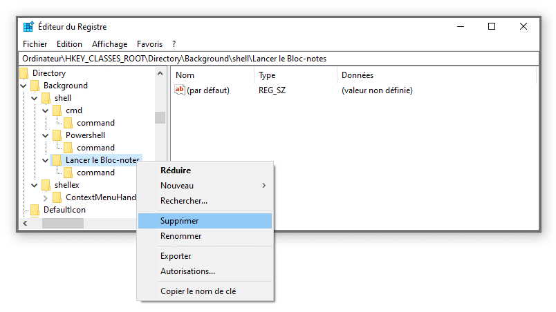 supprimer la clé registre