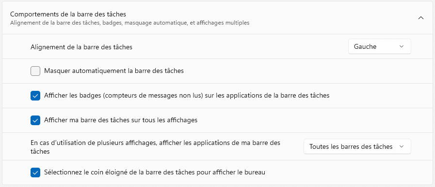 Alignement gauche de la barre des tâches