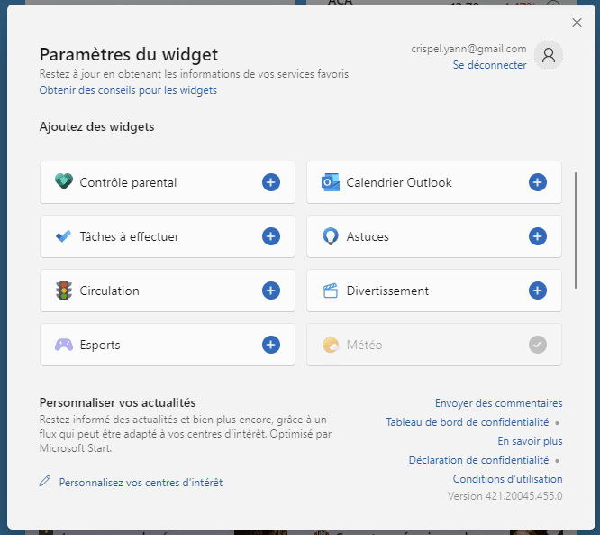 Paramètres des widgets