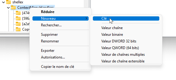 Création clé dans ContextMenuHandlers