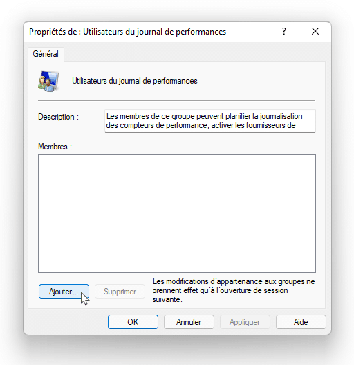 Ajouter un utilisateur au journal de performances