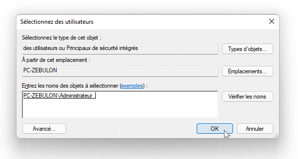 Autorisation pour l'utilisateur
