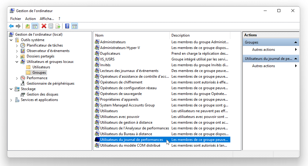 Utilisateurs du journal de performances