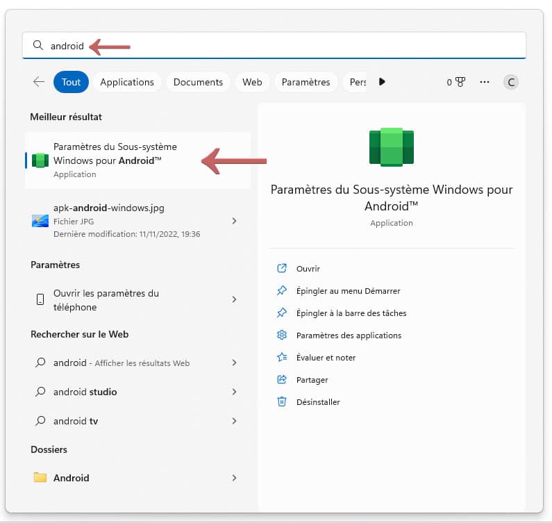 Ouvrir les paramètres du sous-sytème Windows pour Android