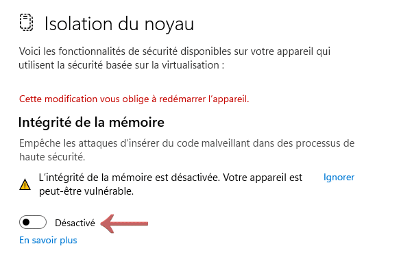 Désactivation Intégrité mémoire