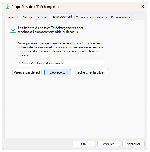 Déplacer le dossier Téléchargements