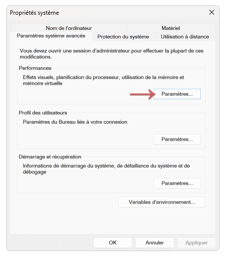Paramètres système avancés des propriétés système