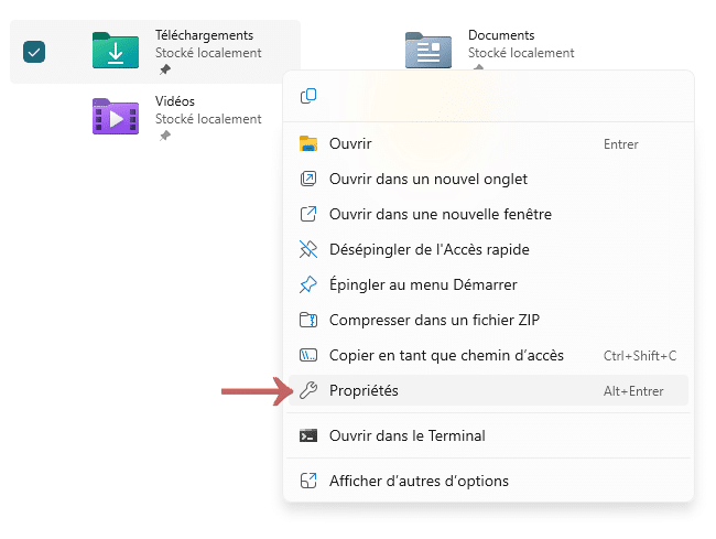 Propriétés du dossier téléchargements